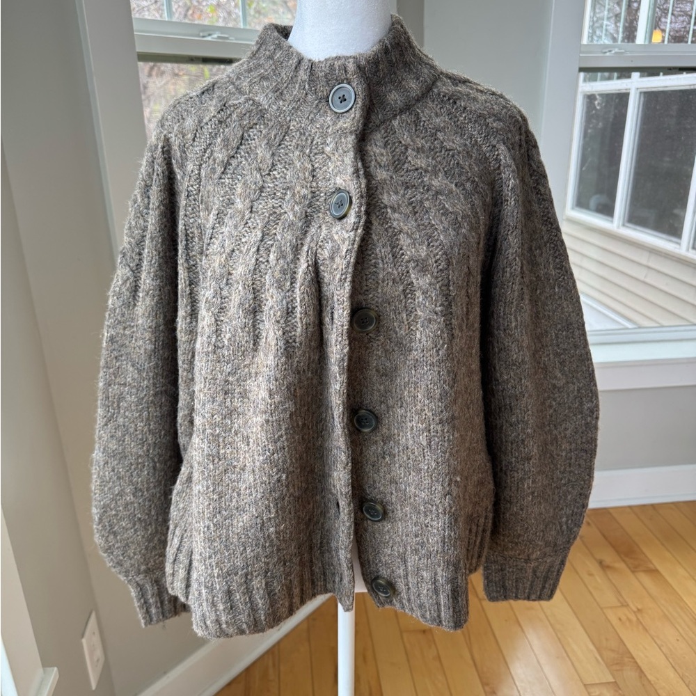Madewell Harwood Cableknit Mockneck Cardigan Sweater in Heather Otter Sz Small - Picture 7 of 16